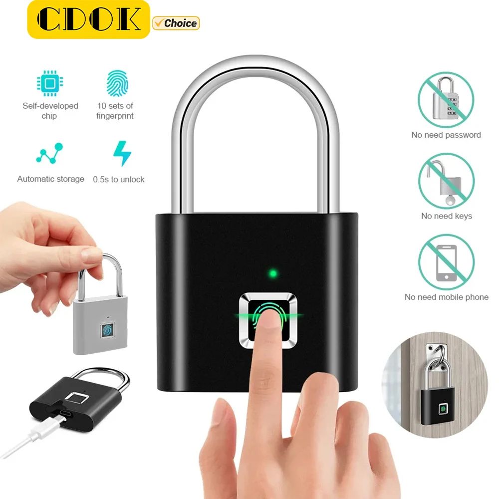 CDOK P2 Smart Fingerprint Padlock USB Rechargeable Waterproof Lock silver