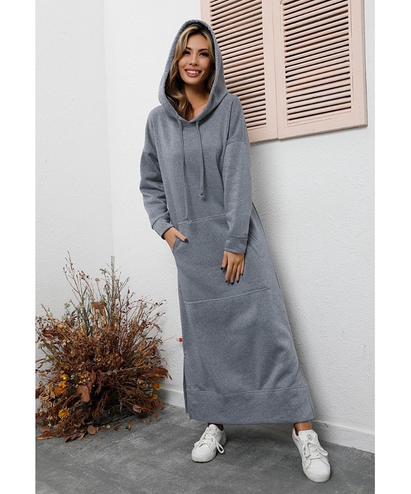 Winter Warm Midi Robe Hooded Long Sweatshirt Dress Casual Vestidos black l