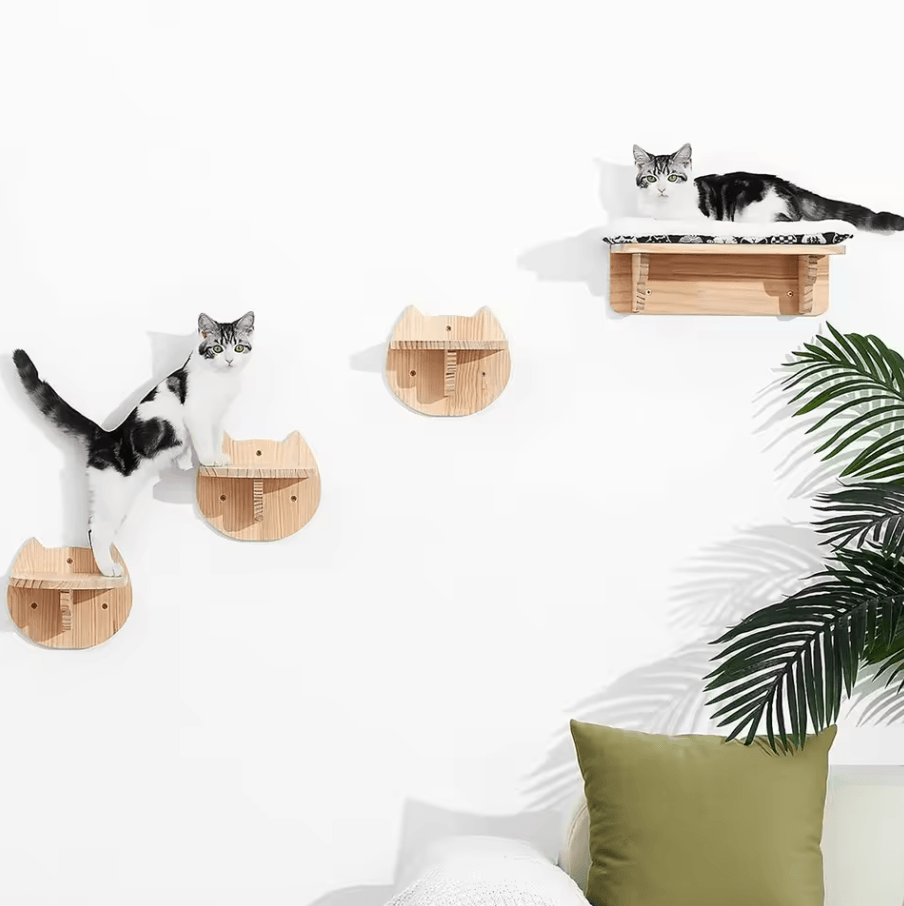Wall Mounted Cat Shelves With Hammock Sisal Scratching Post And Climbing Ladder set 4