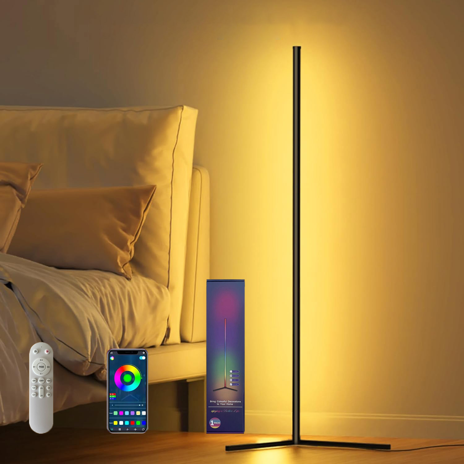 LED Corner Lamp Works Smart, RGB LED Floor Lamp With Music Sync And DIY Colors 150cm