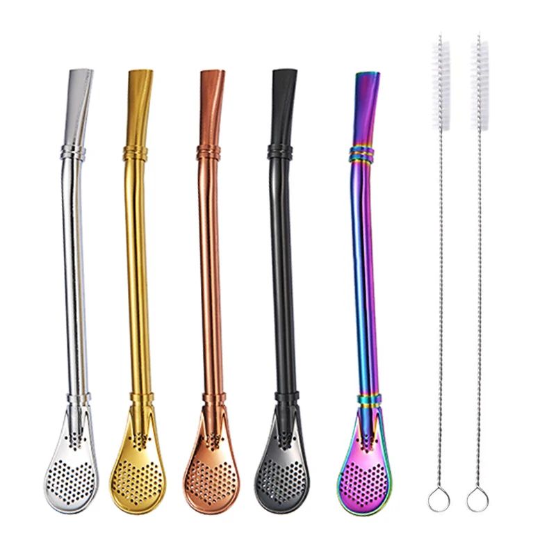 Stainless Steel Yerba Mate Bombilla Set Tea Infuser Straw With Cleaning Brush (2 Pcs) 2pcs Colorful