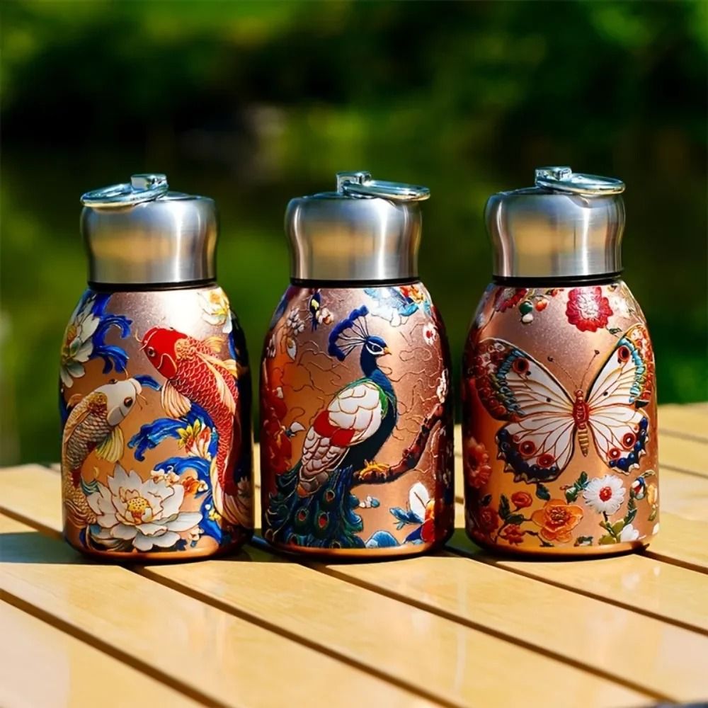 Stainless Steel Insulated Water Bottle With Mini Cup Floral Koi Design golden Peacock 201 300 Ml 1 Pc