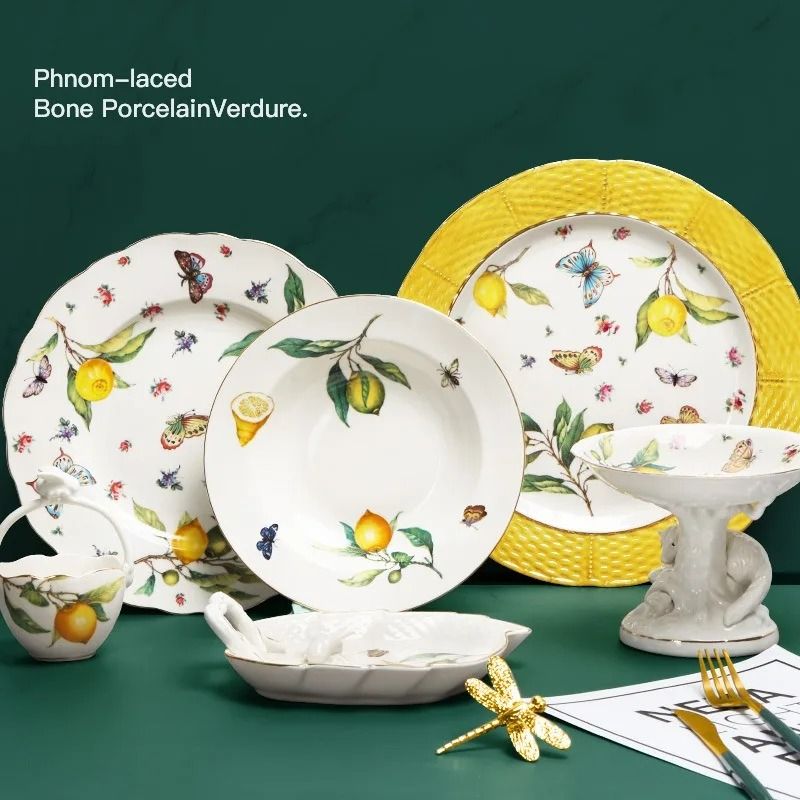 European Style Lemon Pattern Ceramic Dining Set Elegant Dinner, Steak & Dessert Plates 8 In Plate