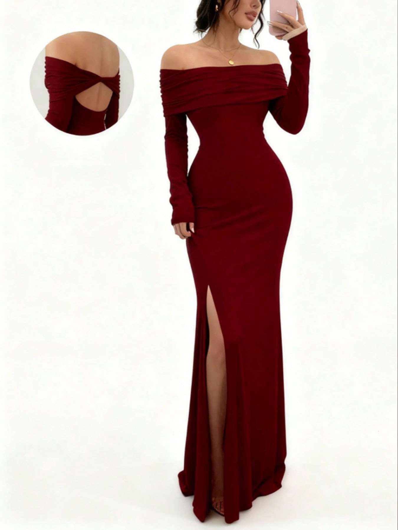 Chic Figure Hugging Midi, Women's Off Shoulder Bodycon Dress, Long Sleeve High Slit Bandage Dress burgundy l