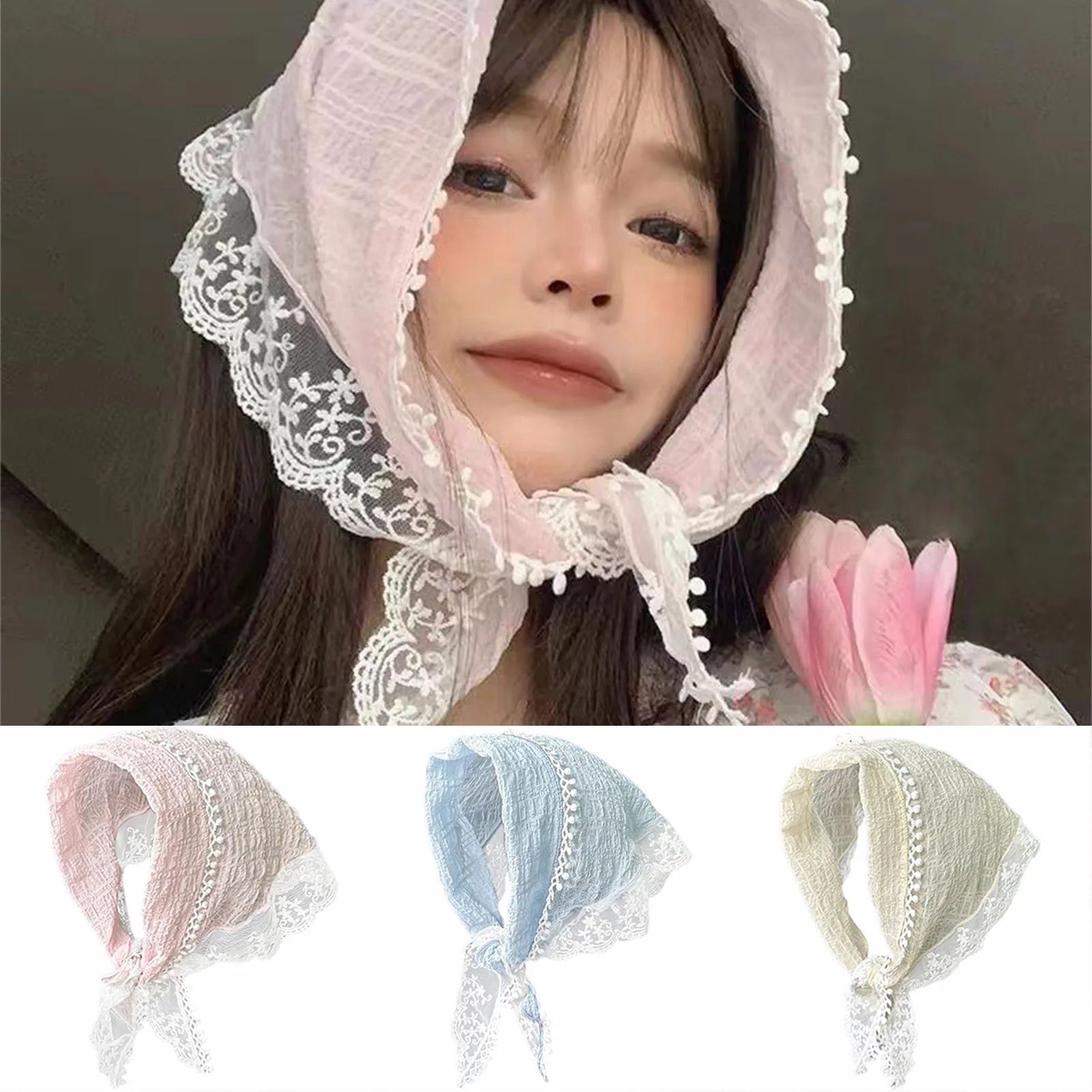 Womens Non Slip Floral Lace Head Scarf Headband, Elegant Hair Kerchief Wrap For Styling, Daily Wear & Party Decor beige