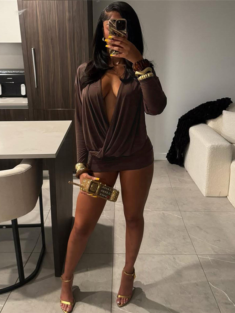 Sisterlinda Women's Elegant Deep V Neck Mini Dress, Full Sleeve Skinny Peach Hip, Sexy Fashion Bodycon For Midnight Club m