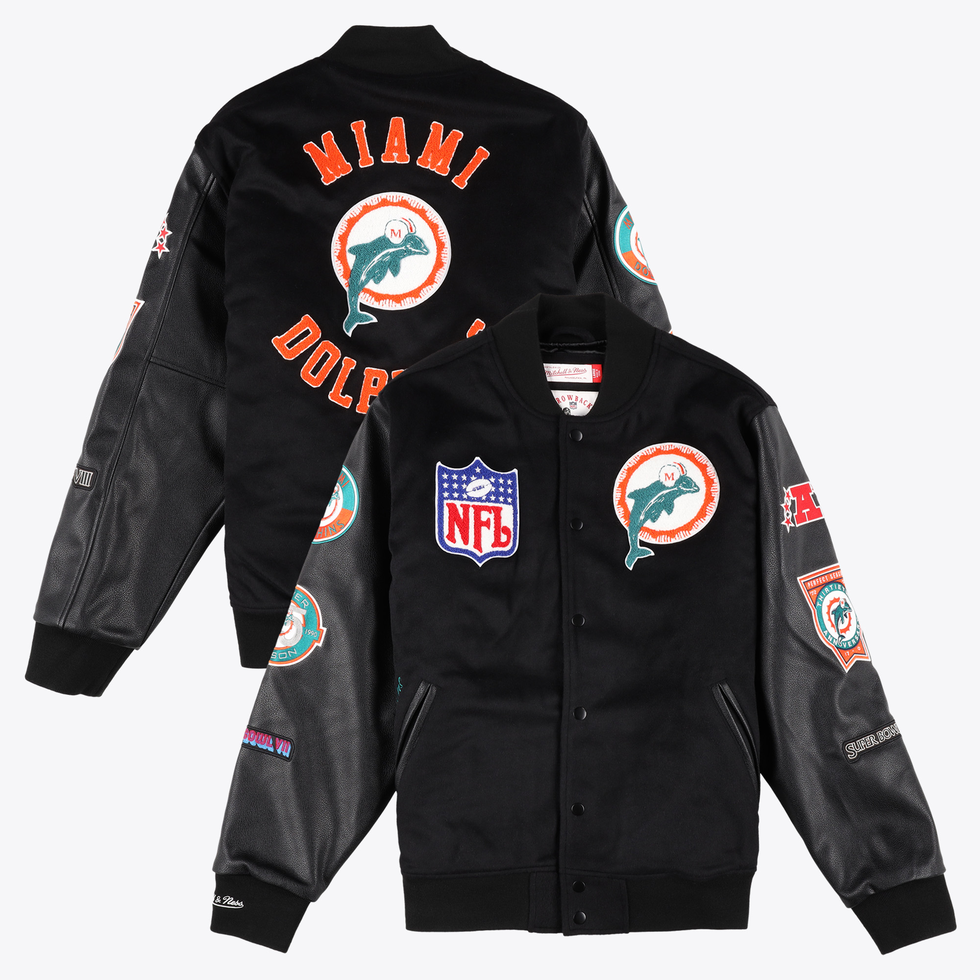 Miami Dolphins Mitchell & Ness Vintage Logo Schwarze, schwere Satinjacke - Herren Image