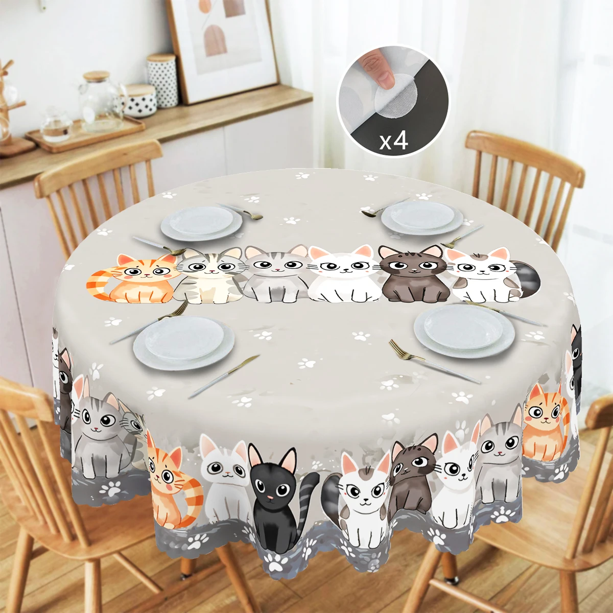 1 Stück Polyester-Tischdecke mit niedlichem Katzenmuster und gewelltem Rand, geeignet für die Küchendekoration zu Hause, Raumdekoration Image