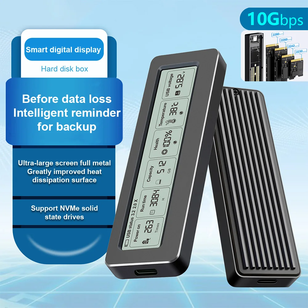 Intelligente Digitalanzeige M.2-Festplattenbox 2280 NVME PCI-E Hochgeschwindigkeits-USB C 3.2 Metall-Wärmeableitung Solide mobile Festplattenbox Image