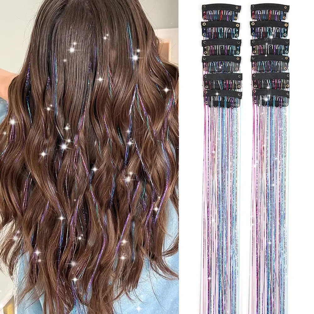 Haar-Lametta-Packung mit 12 Stück Clip-in-Haar-Lametta, 50,8 cm, buntes Glitzer-Lametta-Haarverlängerung, Lametta, Feenhaar, Party-Dazzle-Set Image