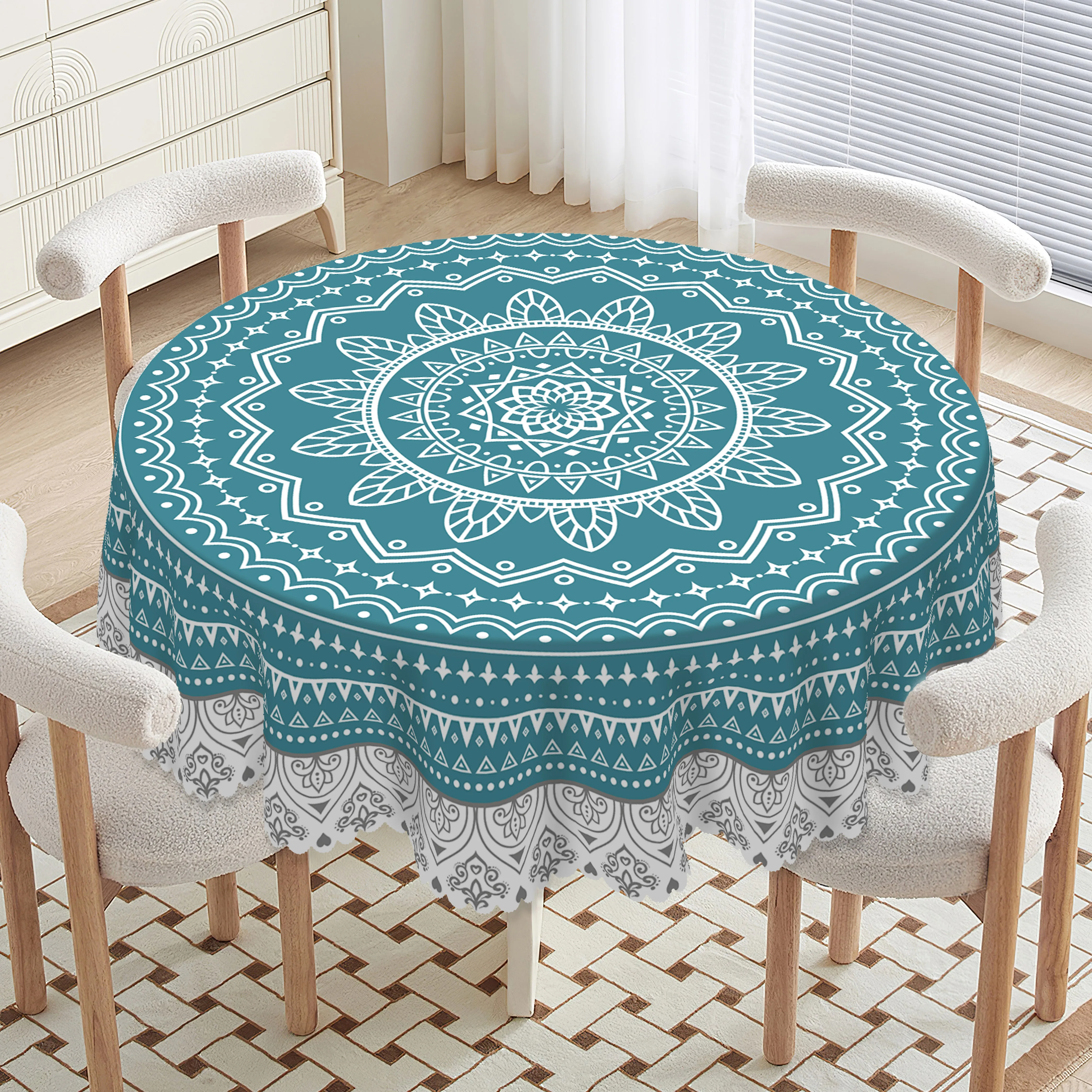 1 Stück geometrische Formen, Bohemian-Muster, Polyester-Tischdecke mit gewelltem Rand, geeignet für Heim-Küchendekoration, Raumdekoration Image
