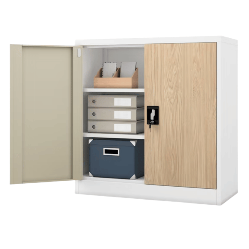 DELUKE Aktenschrank abschließbar KADO - 3 Ebenen, Flügeltüren | Metallschrank Werkstatt Büroschrank aus Stahl Werkzeugschrank, 93x90x40cm Weiß-Sonoma Eiche Image