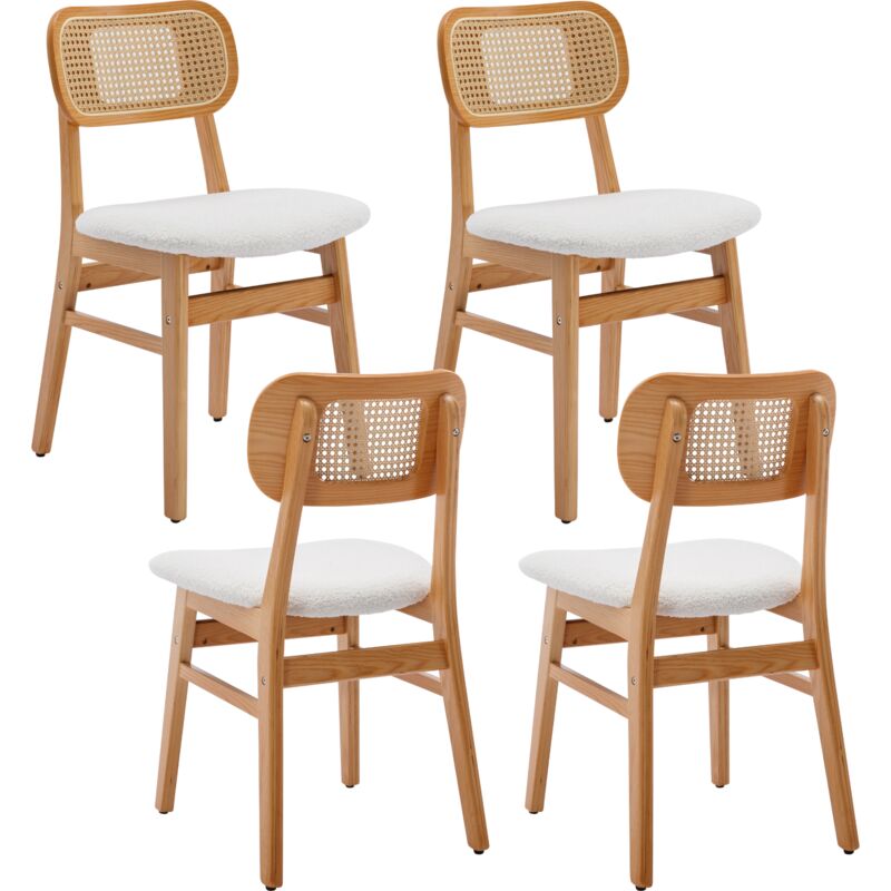 Set Di 4 Sedie Da Pranzo In Rattan Sedie Da Cucina Gambe In Legno Sedia Da Salotto Imbottite Cuscino In Pelliccia Per Soggiorno, Beige