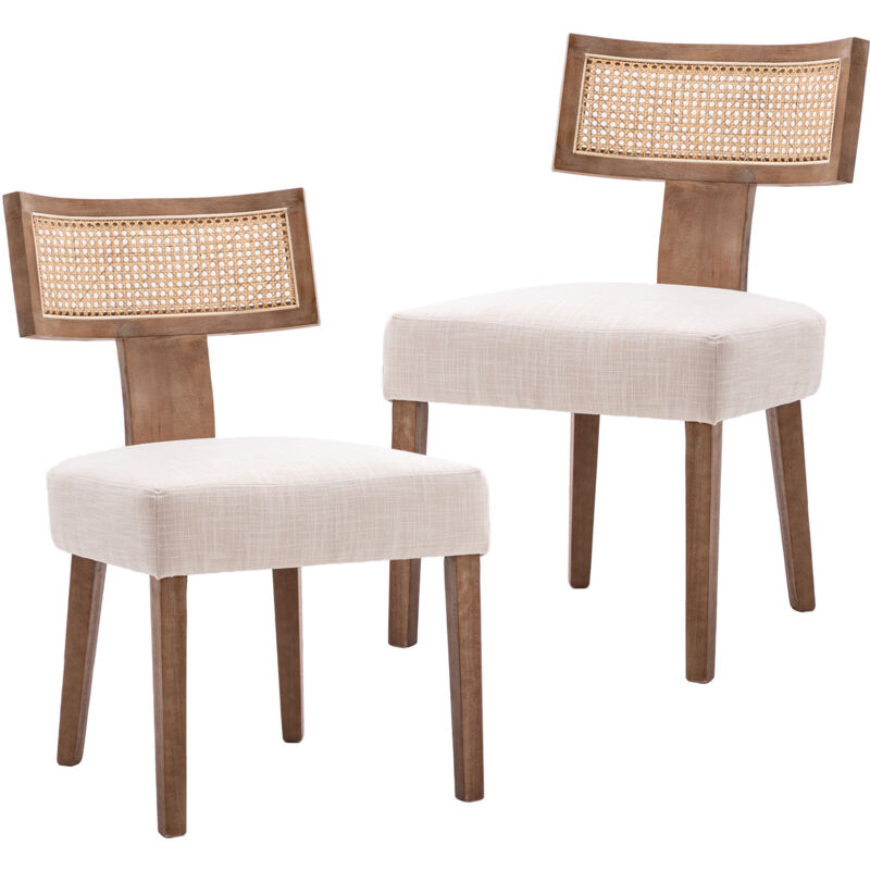 Set Di 2 Sedie Cucina In Tessuto Sedia Da Pranzo Con Schienale In Rattan Sedie Legno Senza Braccioli Sedia Retrò Per Sala Da Pranzo/soggiorno, Legno Naturale