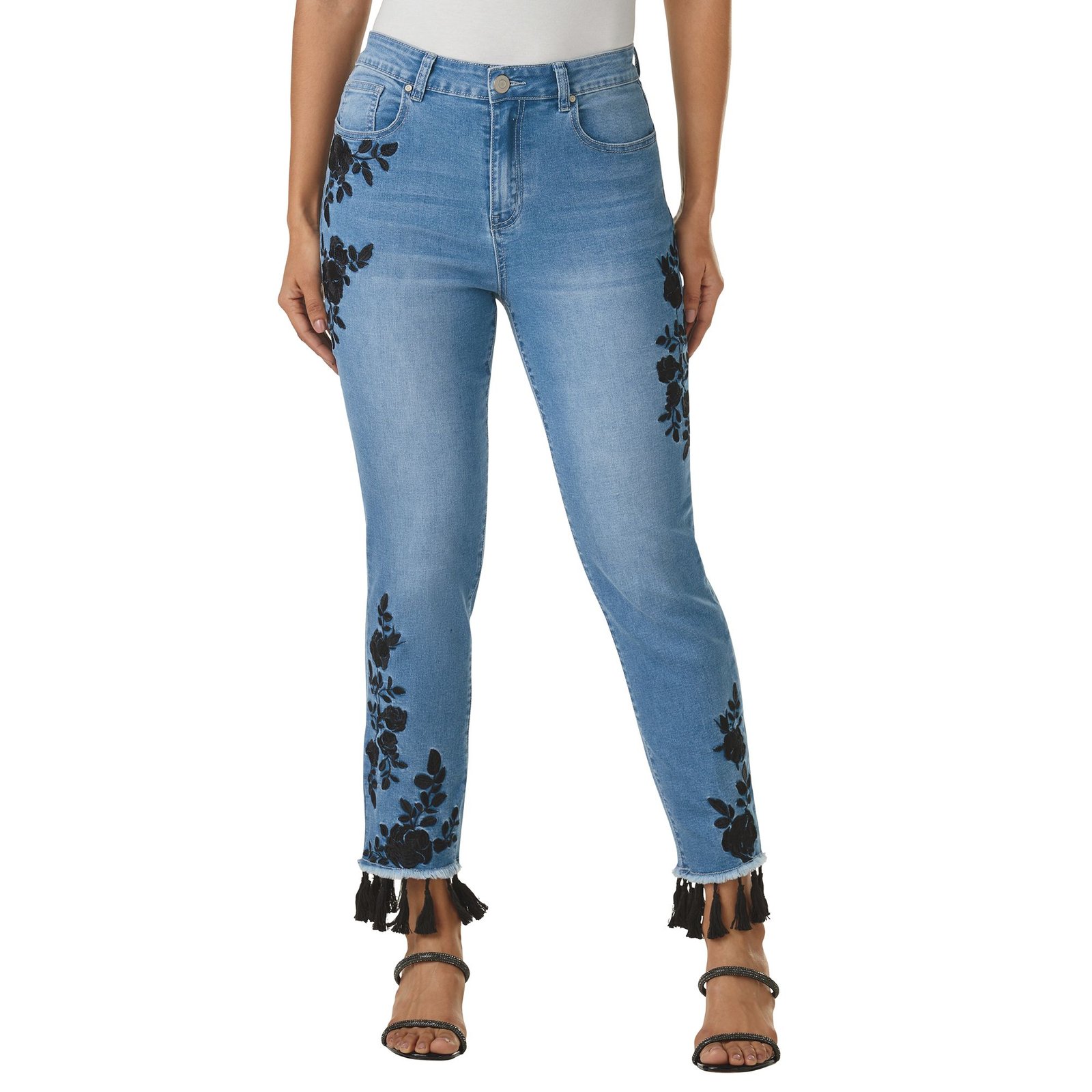 Masseys Embroidered Tassel Jean (Size 32W) Light Vintage Wash/Black, Cotton,Denim,Polyester,Spandex