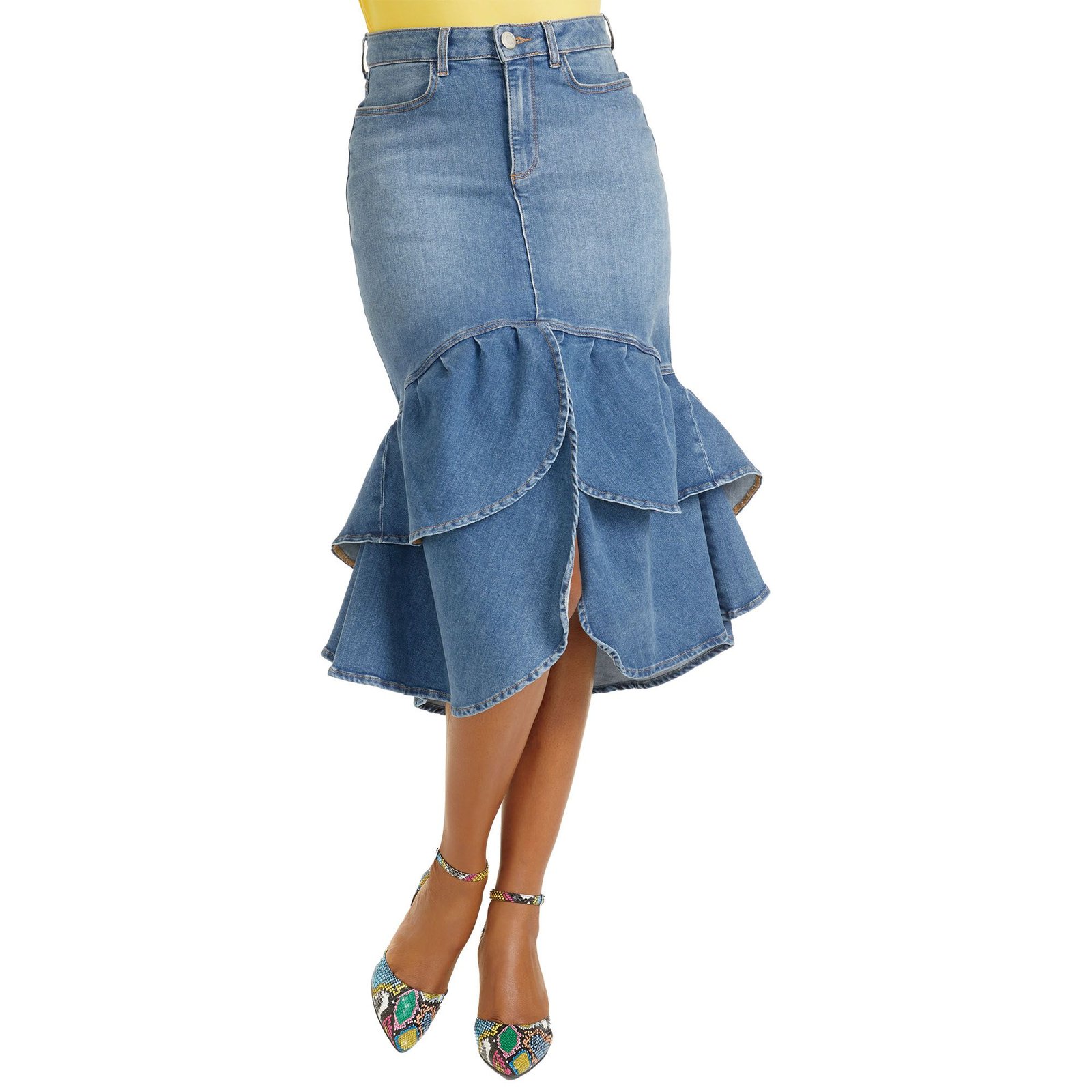 Masseys Ruffle Denim Skirt (Size 32W) Medium Vintage Wash, Cotton,Denim,Polyester,Spandex