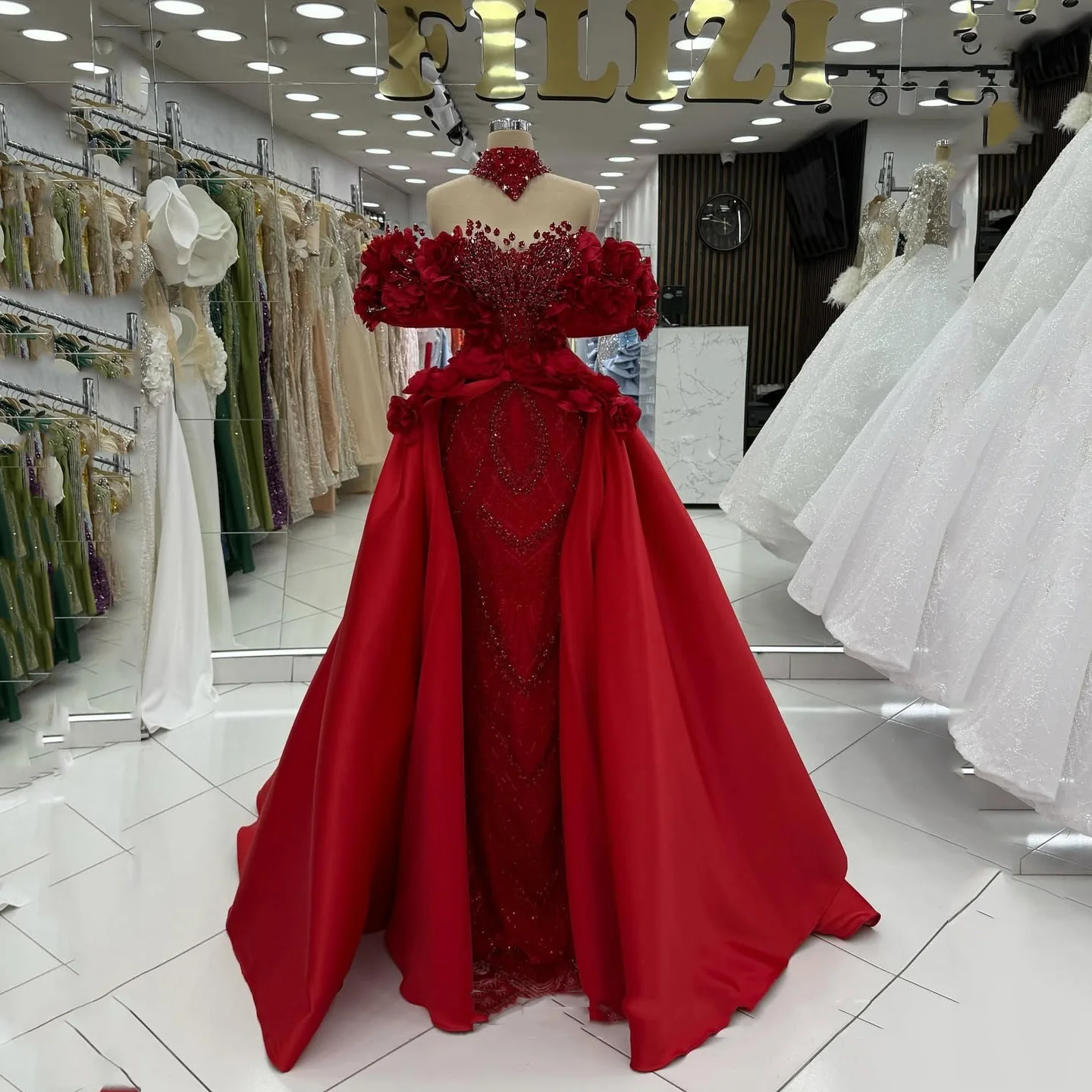 Luxus Dubai Prom Kleid Schatz Perlen Abendkleid Robe De Soiree Kristalle Arabisch Spitze Floral Formale Kleider Überrock Image