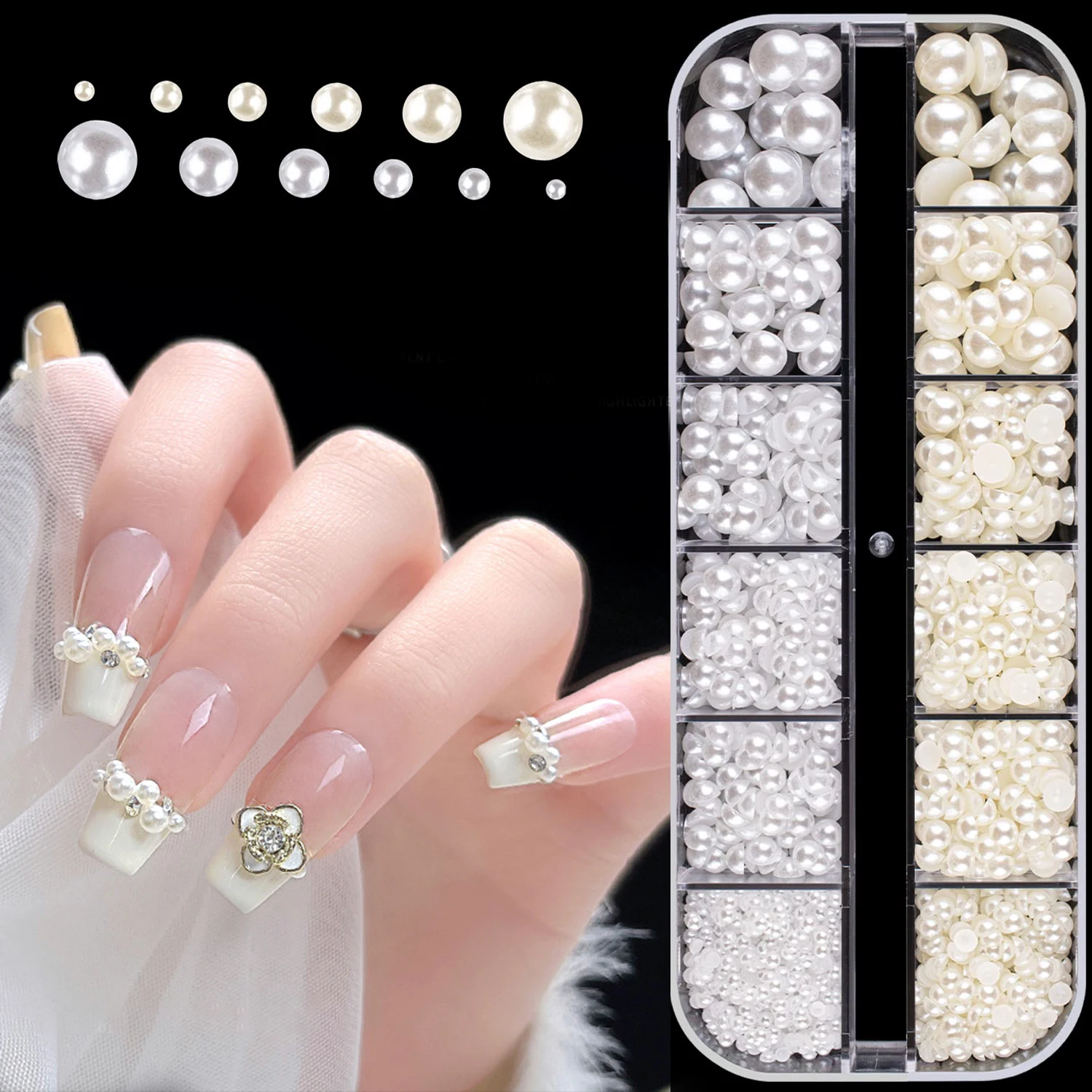 Weiße Perlen für Nail Art Charms Dekor 6 Größen Halbform Design 3D Maniküre Zubehör DIY Punk Gothic Flat Back Round Produkt Image