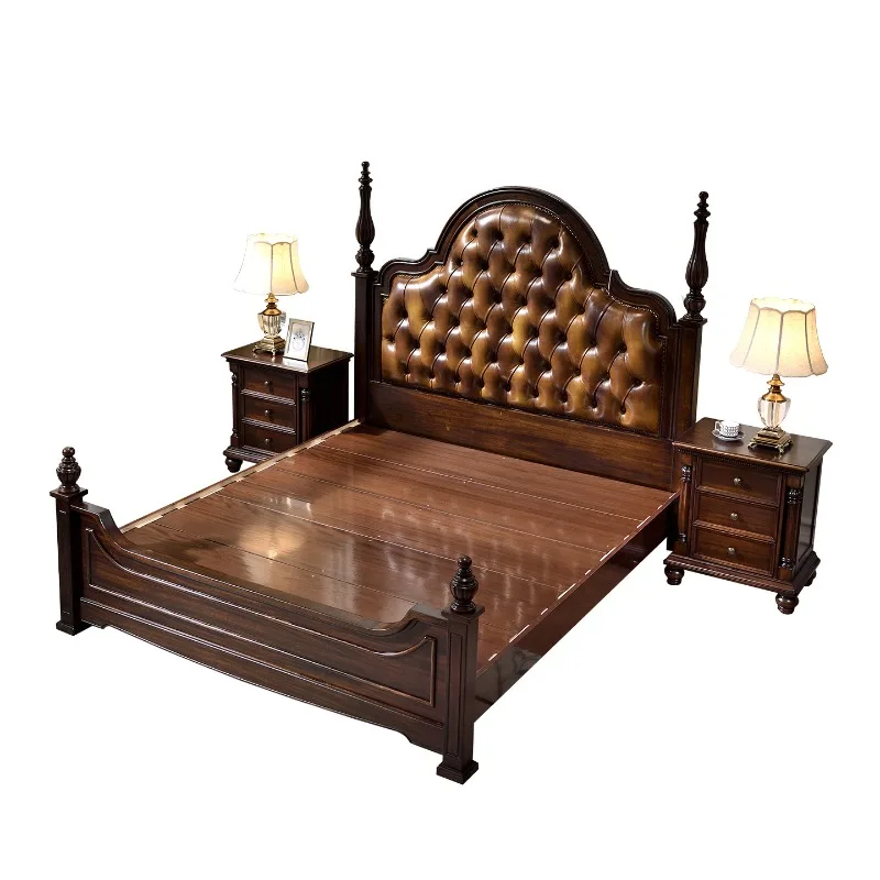 Amerikanisches Retro-Bett aus massivem Holz und Leder, weich gegen hohe Box, 1,8 Meter Doppelbett, französische mittelalterliche Hauptschlafzimmermöbel, Queen Image