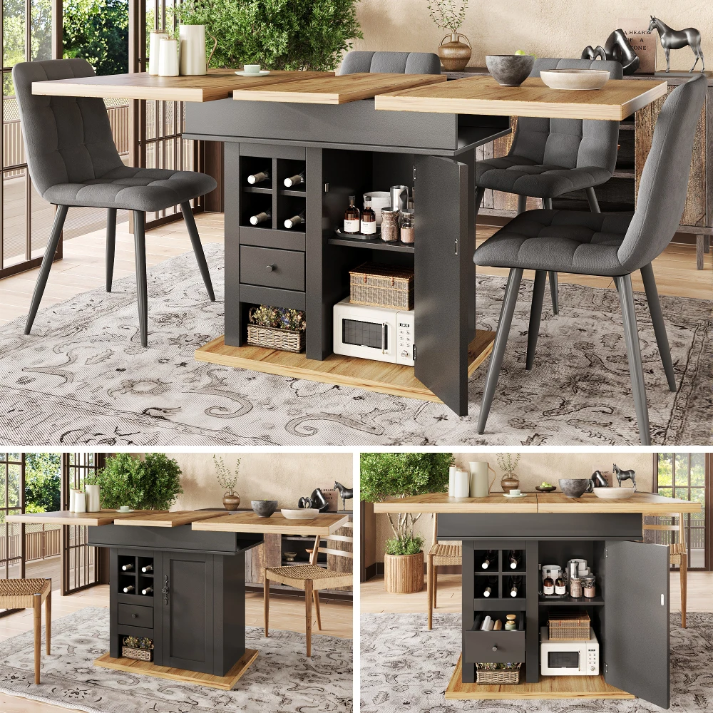 Teleskop-Esstisch (110–140 x 80 cm), klappbarer Küchentisch für 4–6 Personen, platzsparender Tisch mit Weinregal und Schubladen