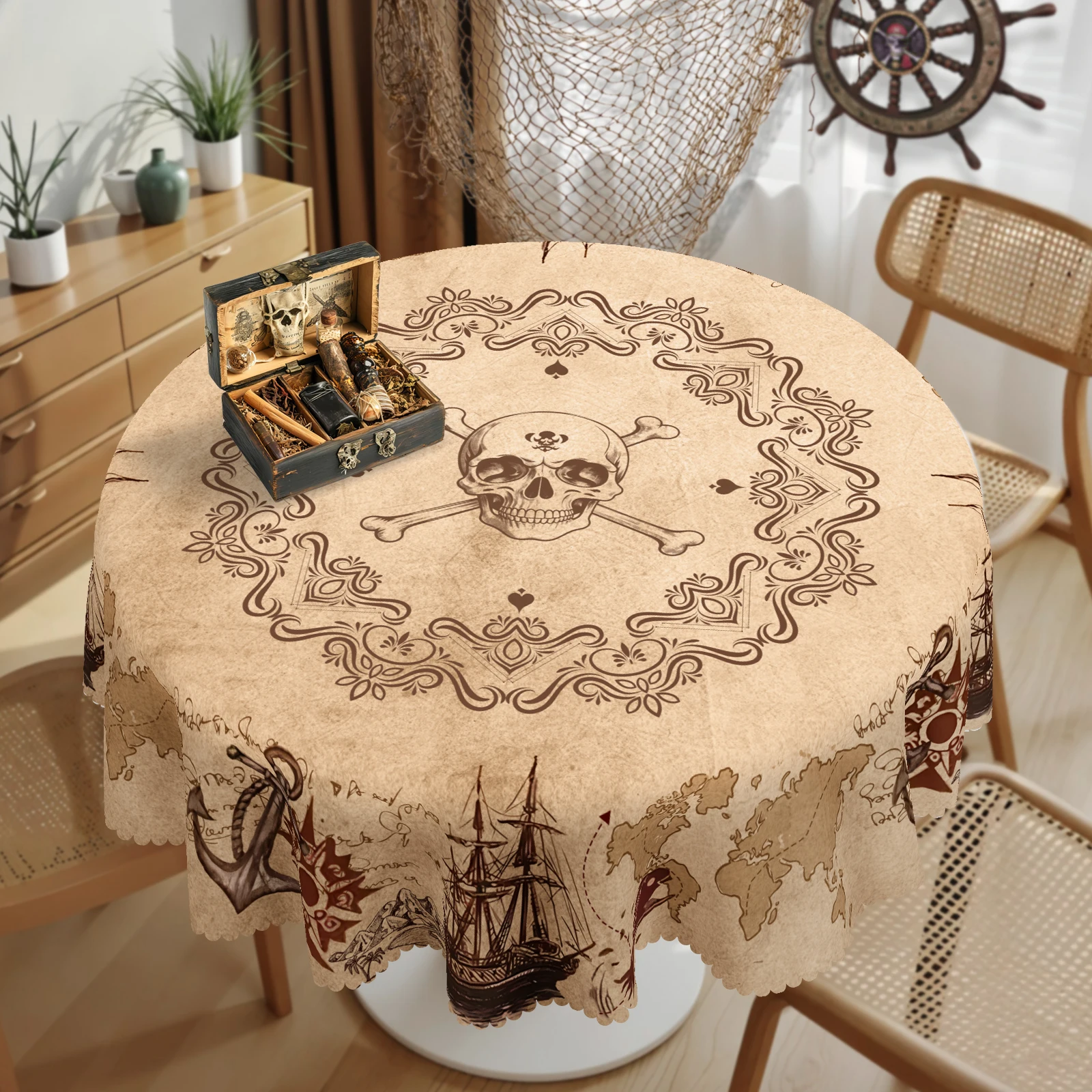 1 Stück, Polyester-Tischdecke im nautischen Abenteuer-Stil + 4 selbstklebende Aufkleber, Vintage-Anker-Segelboot-Weltkarte mit großem Totenkopf-Aufdruck, geprägte Kanten, runde/rechteckige Tischdecke, Image