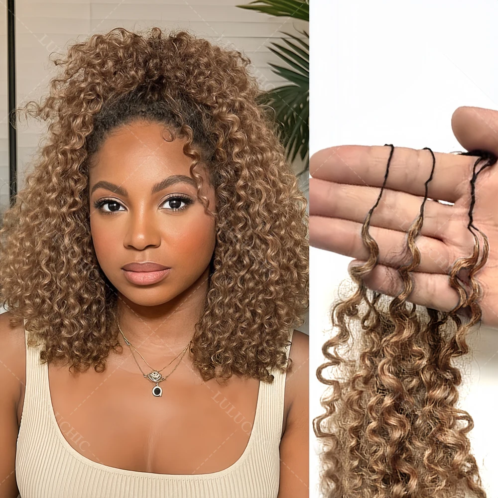 # 27 Honigblonde Kleine Spiralen Lockige Feder-Echthaar-Häkelverlängerungen Wunderbare Knoten Vorgeseperierte Pixie-Locken Häkelhaar Image