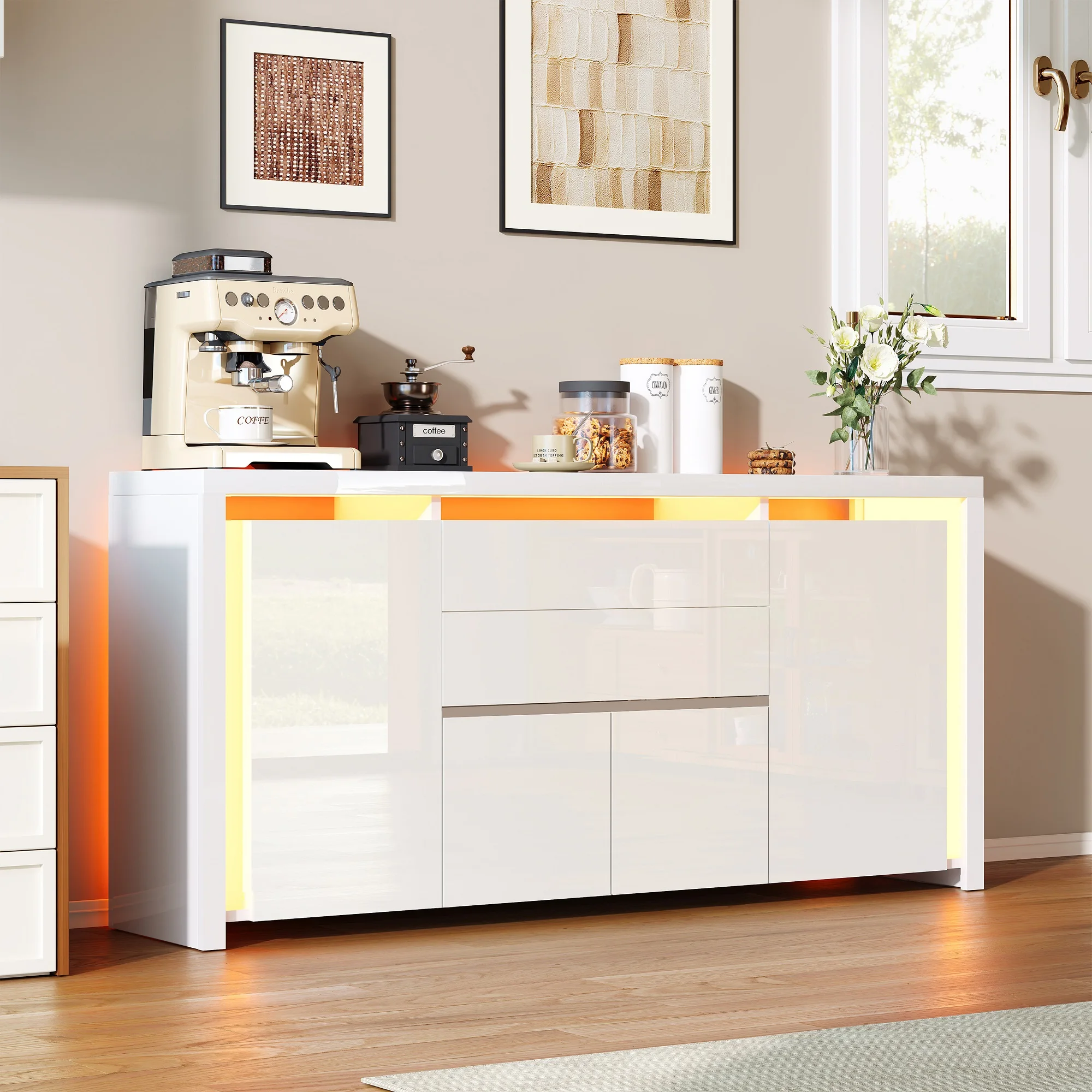 Rosahqnda Sideboard Hochglanzweiß mit LED, modernes Sideboard mit Tür und Schubladen, Buffetschrank, Kommode für die Küche