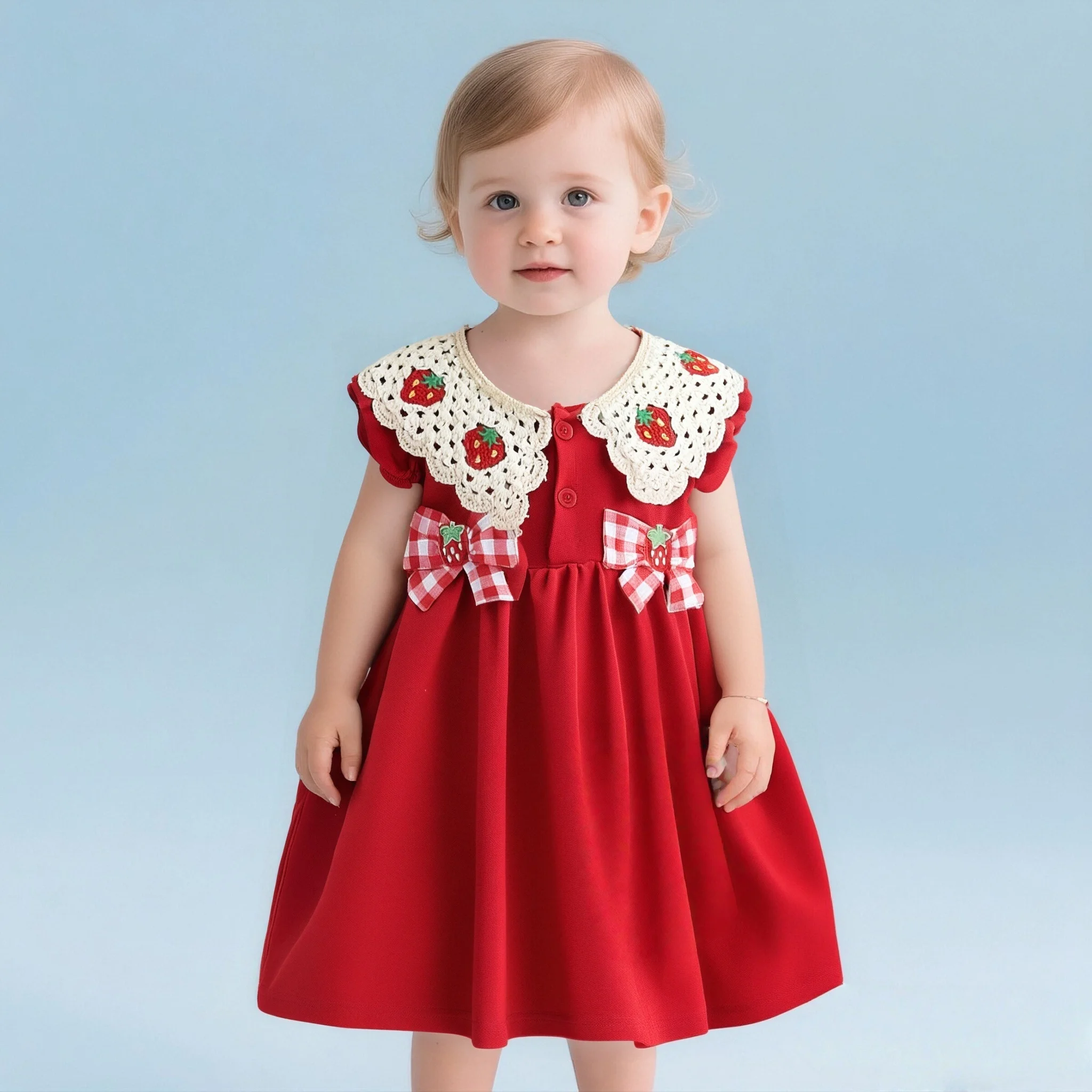 Baby Mädchen Kleider Sommer Neue Ärmellose Rüschen Kleinkind Kleid Gestrickte Kragen Süße Schleife Senden Tasche Mädchen Kleidung Image