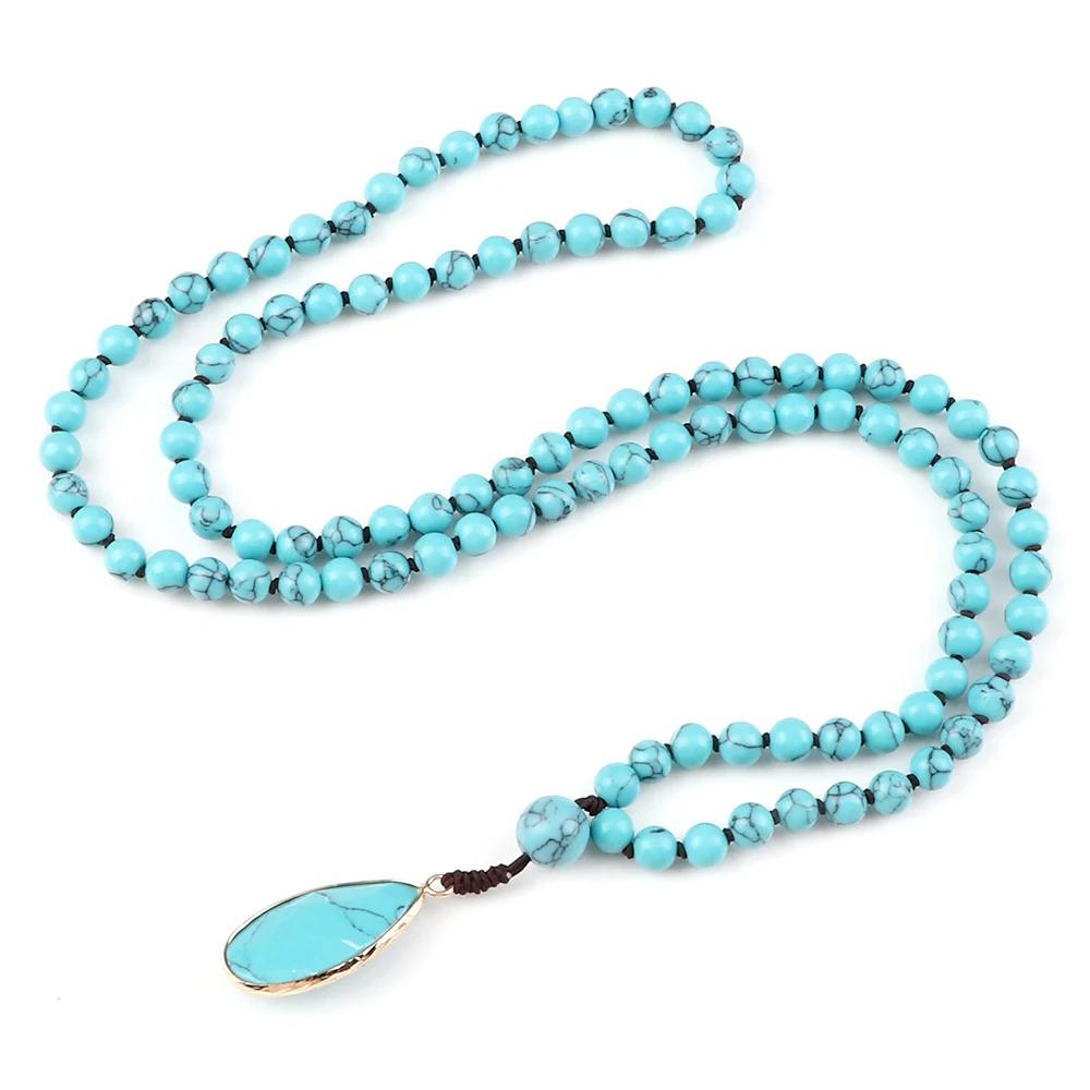 Collana con ciondolo goccia d'acqua di moda per donna Collana con perline in pietra blu naturale 108 perline Collana con preghiera Japamala Gioielli da uomo