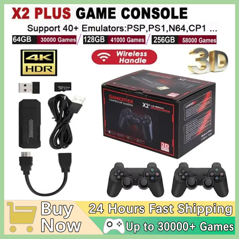 New X2 Plus Game Stick 4K HD Video Game Console 2.4G Double Wireless Controller Game Stick For N64/PSP/PS1/GBA ﻿