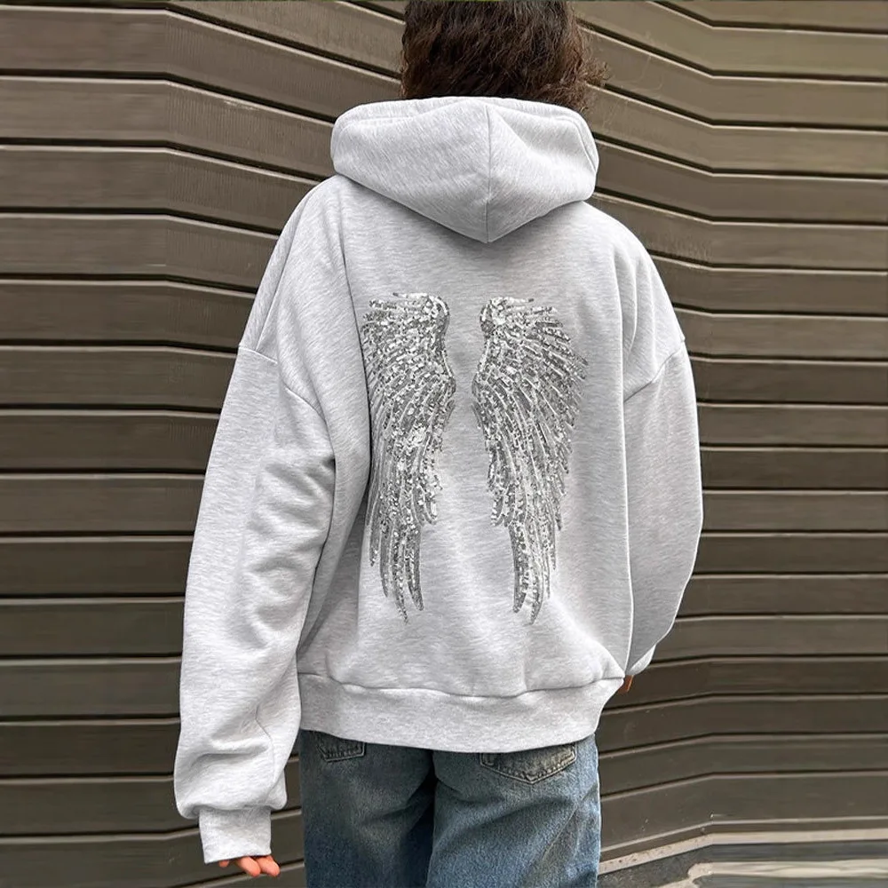 Fashion Wings Beads Sweathirts Women Oversized Hoodies Fleece Lining Sequined Casual Pullover Top Y2K Clothes Lady Outfits 2026