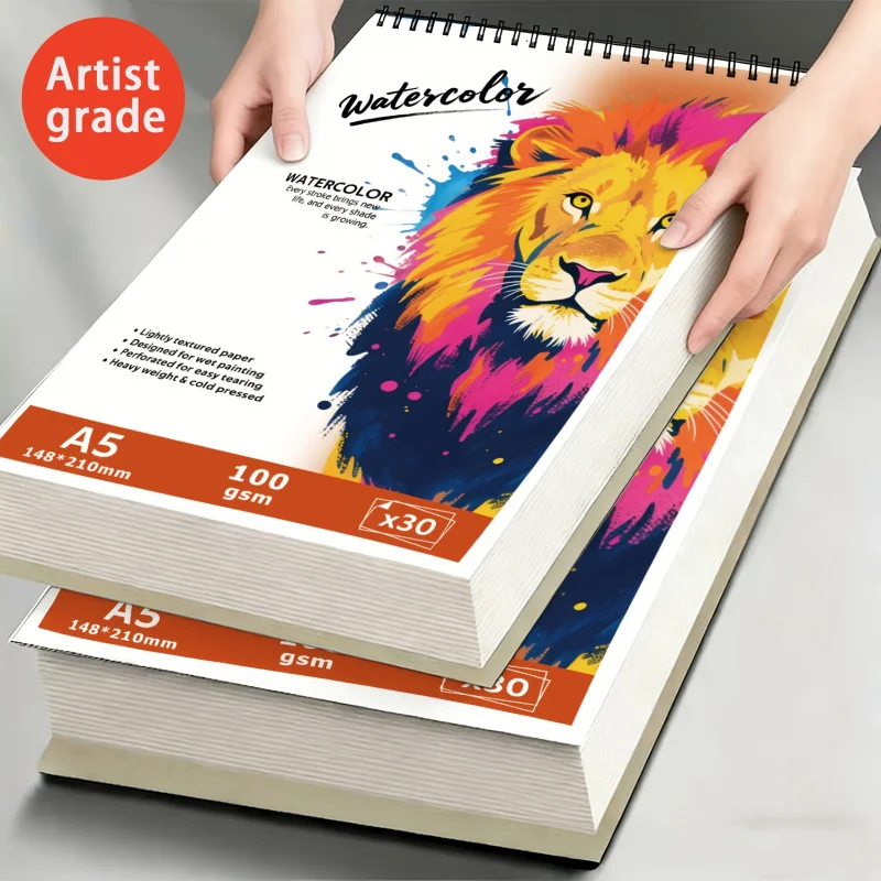 A4/A5, 30-seitiger Aquarellblock, 100 g/m² Papier, Einband mit Löwenmuster, Spiralbindung, perfekt für Künstler und Hobby-Maler. Image