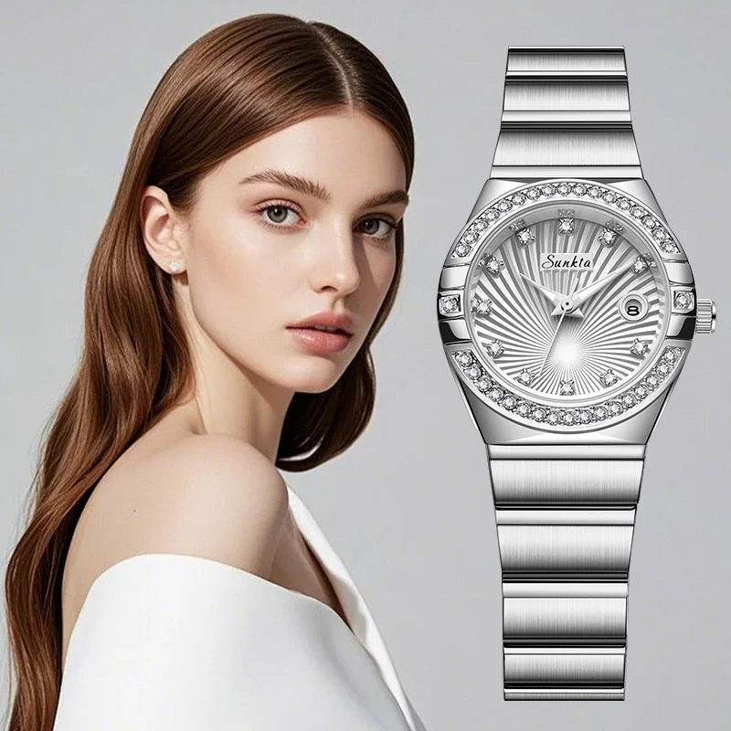 LIGE Sunkta Luxus Quarz Damenuhr Mode Elegant Diamant Edelstahl Wasserdicht Leuchtdatum Damenuhren für Damen Image