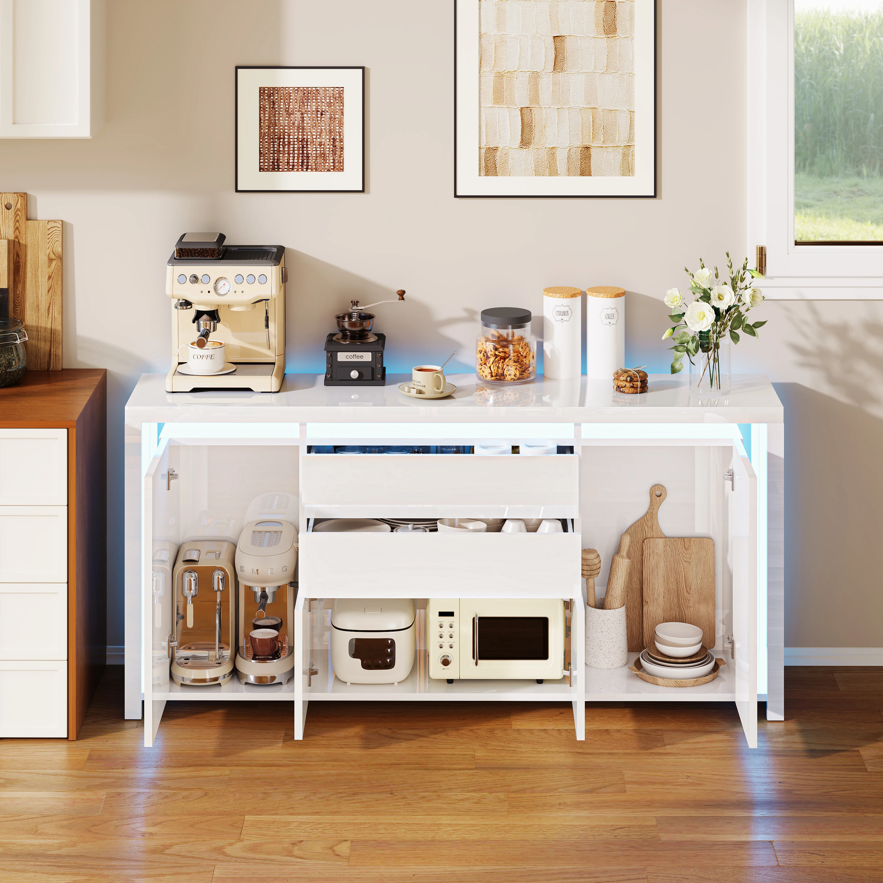 Rosahqnda Nordischer minimalistischer Buffetschrank, modernes Hochglanz-Sideboard mit LED, Aufbewahrungsschubladen und Türen, für Wohnzimmer/Küche