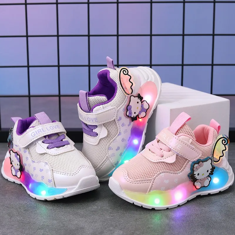 HelloKitty-Schuhe für Mädchen und Kinder, 0–6 Jahre, Cartoon-PU-Mesh, atmungsaktiv, lässig, flache Schuhe, Rosa, Lila, Größe 21–30