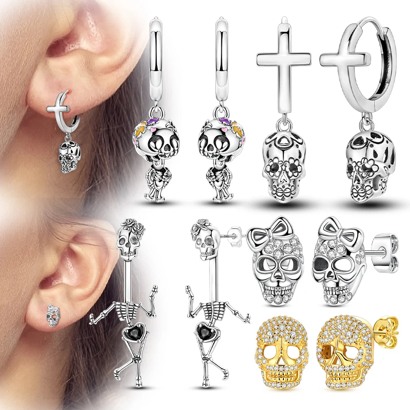 925 Sterling Silber Ohrringe Funkelnde Kreuz-Totenkopf-Ohrstecker Tropfen-Creolen für Damen Hochzeit Hochwertige Modeschmuck-Geschenke Image