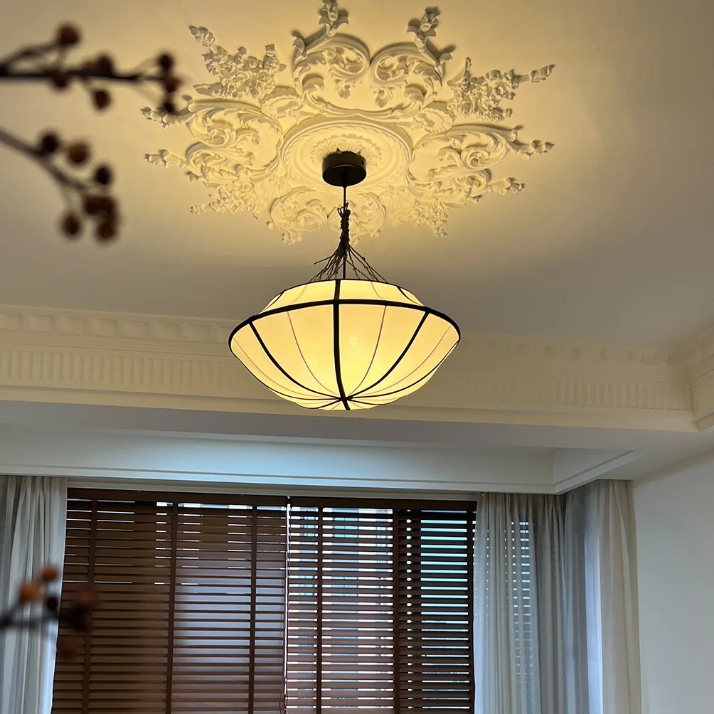 Französische mittelalterliche Retro-Trommelform E27 Pendelleuchten Stoff Wohnzimmer Esszimmer Dekoration Zuhause Kronleuchter Beleuchtung Schlafzimmer Lampen Image