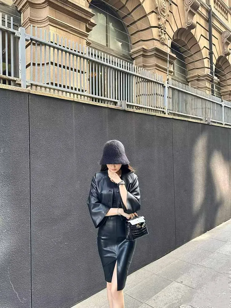 Schwarzer Lederrock für Damen, Herbst-PU-Midi-Bleistiftrock, Büro, sexy, hohe Taille vorne/hinten Schlitz, erhältlich in den Größen bis zu 5XL Image