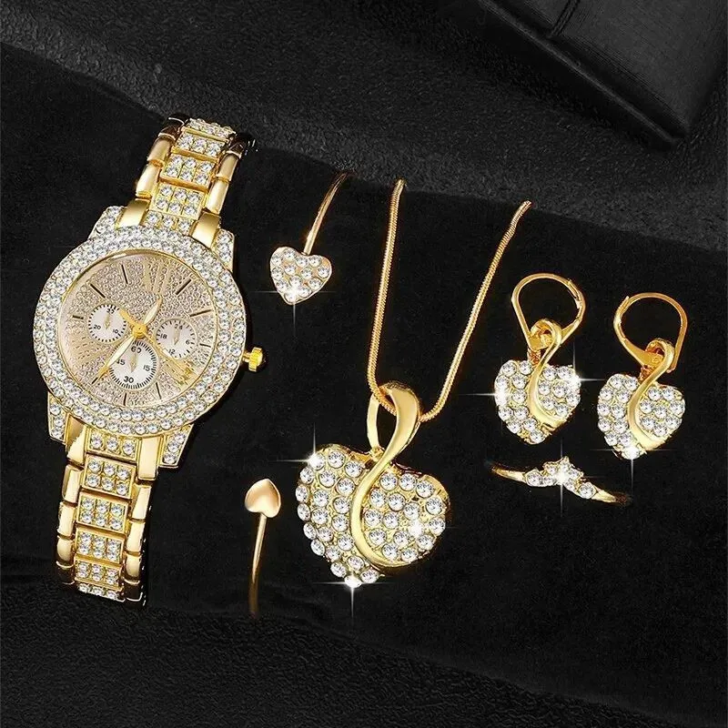 6 Teile/satz Luxus Strass Frauen Uhren Mode Roma Zifferblatt Quarz Armbanduhr Schmuck-Set Image