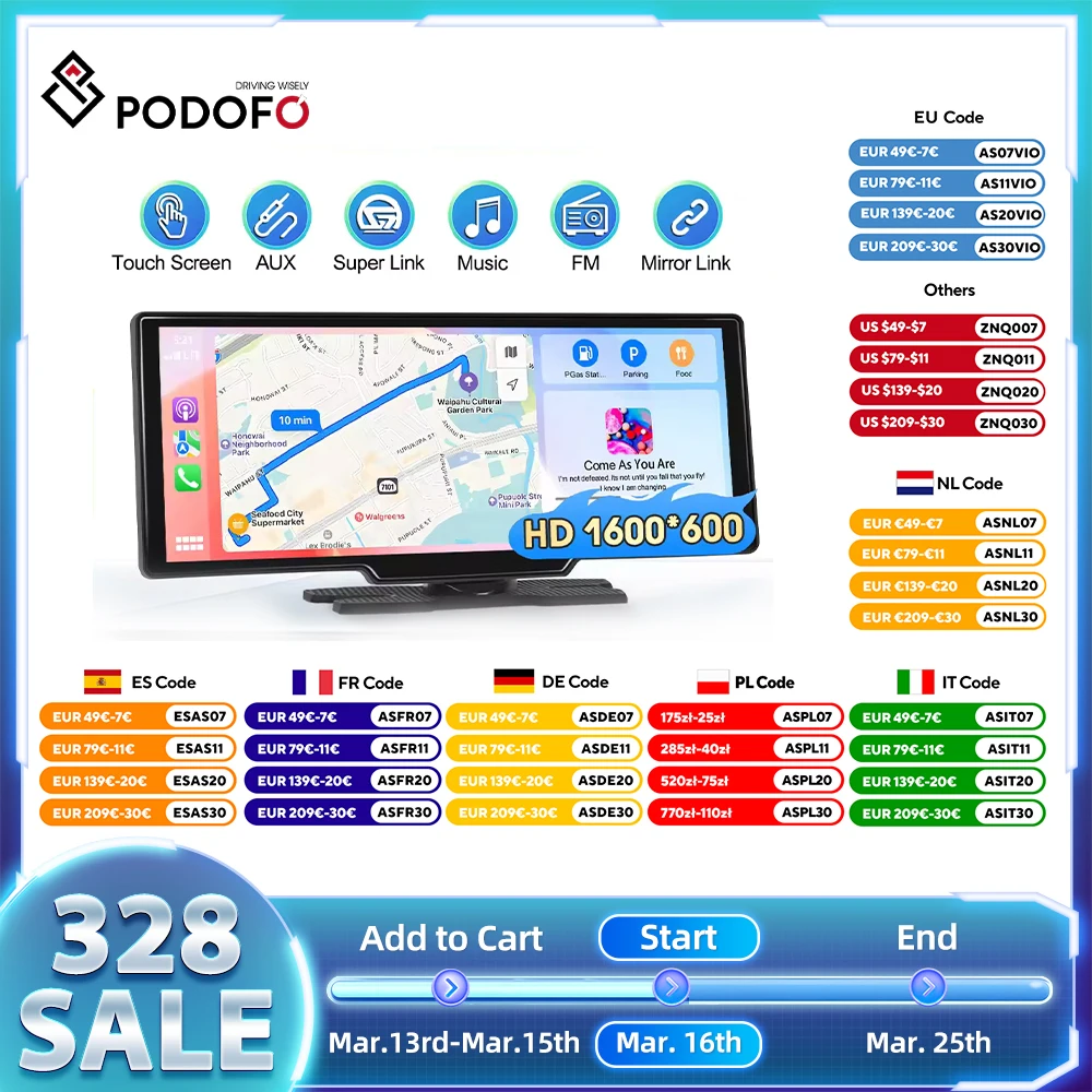 Podofo 10,26'' Intelligenter Bildschirm-Player mit Unterstützung für CarPlay, Android Auto, Airplay, Rückfahrkamera, TF-Karte, Mehrsprachig, DVR für Auto Image