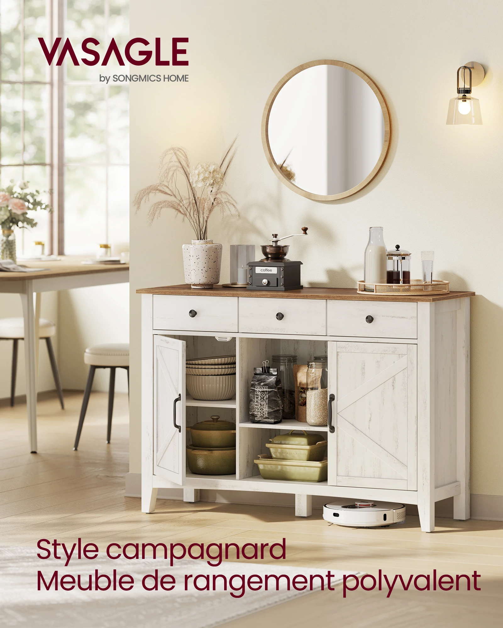 VASAGLE Buffet, Meuble de Rangement avec Tiroir, Meuble de Cuisine, avec Portes, Étagère Réglable, Style Campagne, pour Salon, 40 x 114,5 x 80 cm, Blanc Rustique et Marron Miel