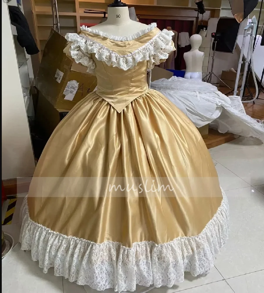 Elegantes goldenes South Belle-Abschlussballkleid aus den 1860er Jahren, schulterfrei, mittelalterliches viktorianisches Abendkleid, Korsett, Spitze, formelles Partykleid, individuell gestaltet