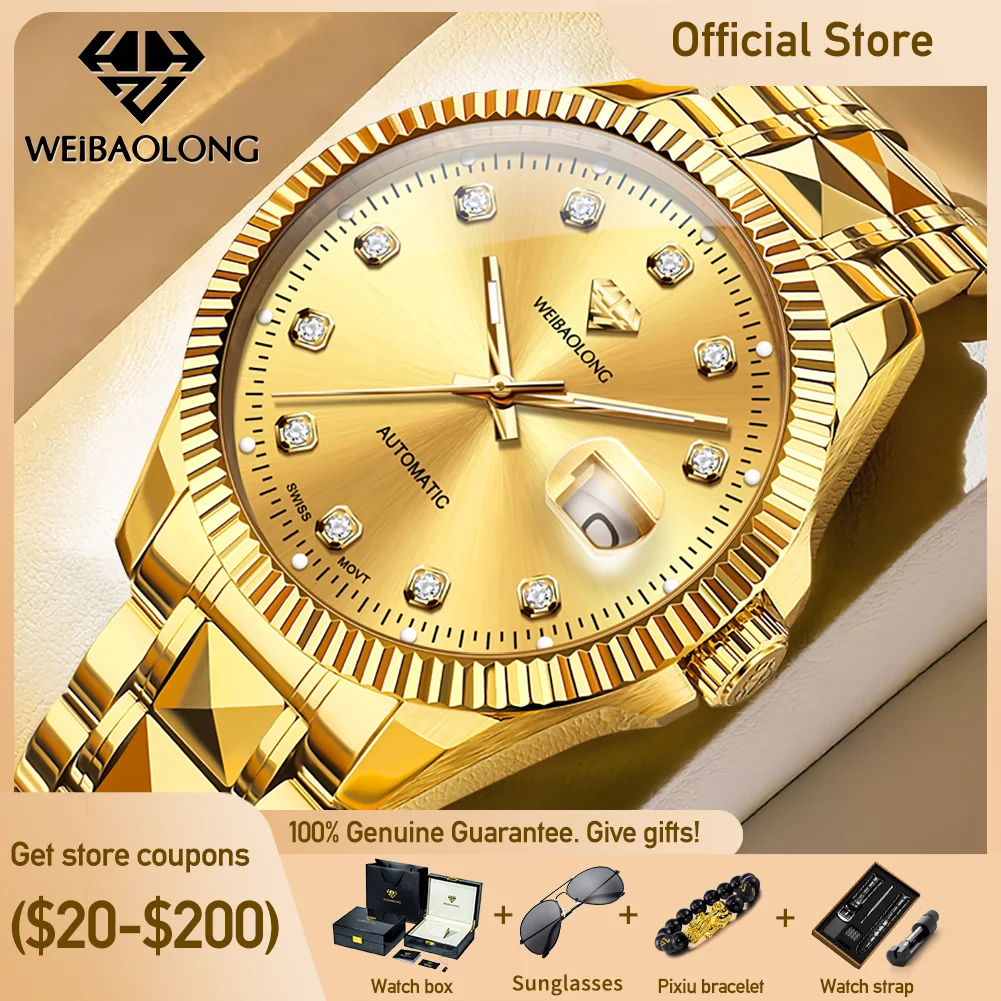 WEiBAOLONG 3802 Herrenuhr, Schweizer Uhrwerk, mechanische Uhr, echter Diamant, automatische Herrenuhr, Nachtlicht-Funktionsuhr für Herren Image