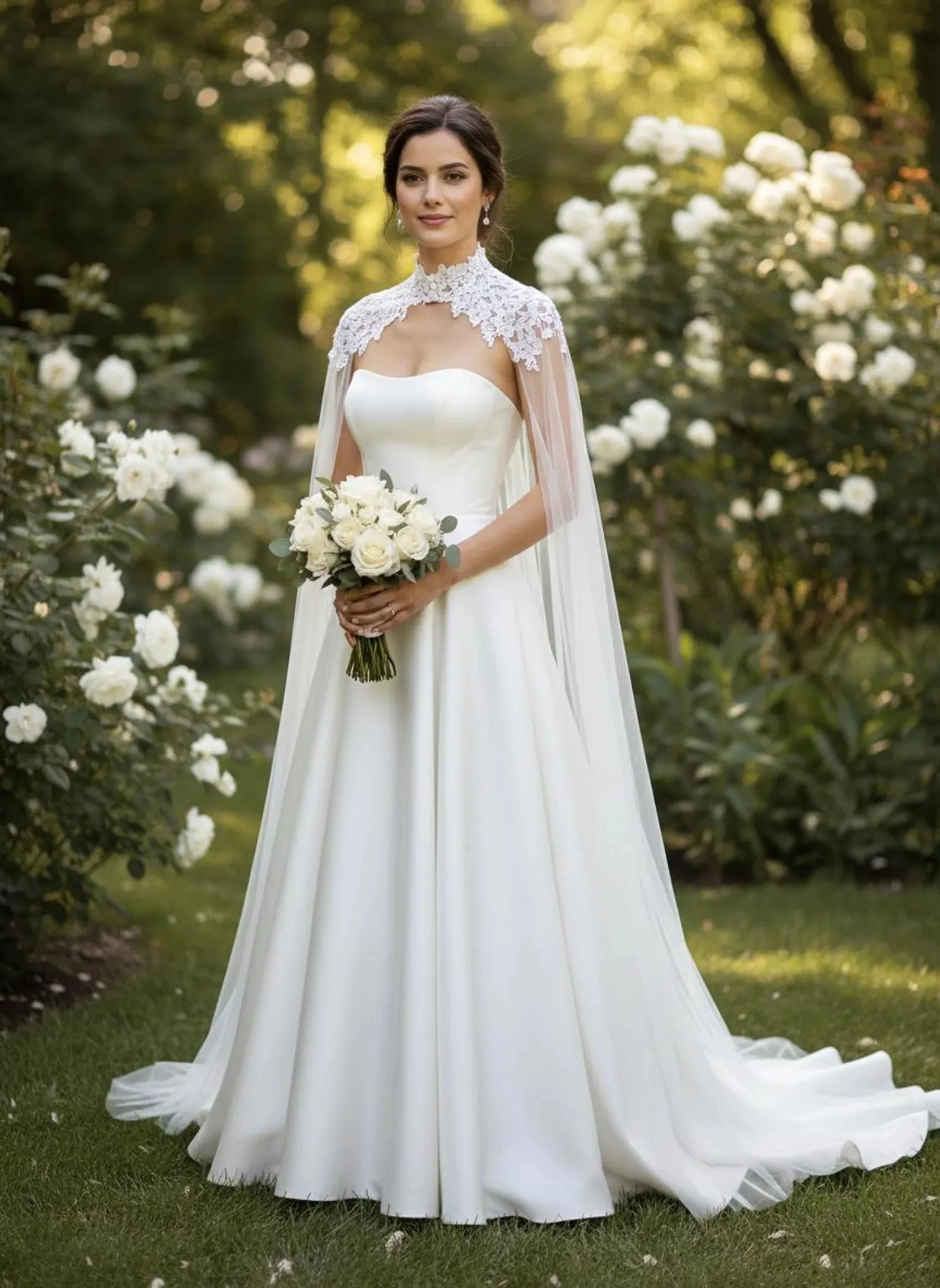Maßgeschneiderte lange Spitze Tüll Hochzeit Boleros Umhang Stehkragen Knöpfe Braut Achselzucken Braut Capes formelle Party Mantel Frauen Zubehör Image
