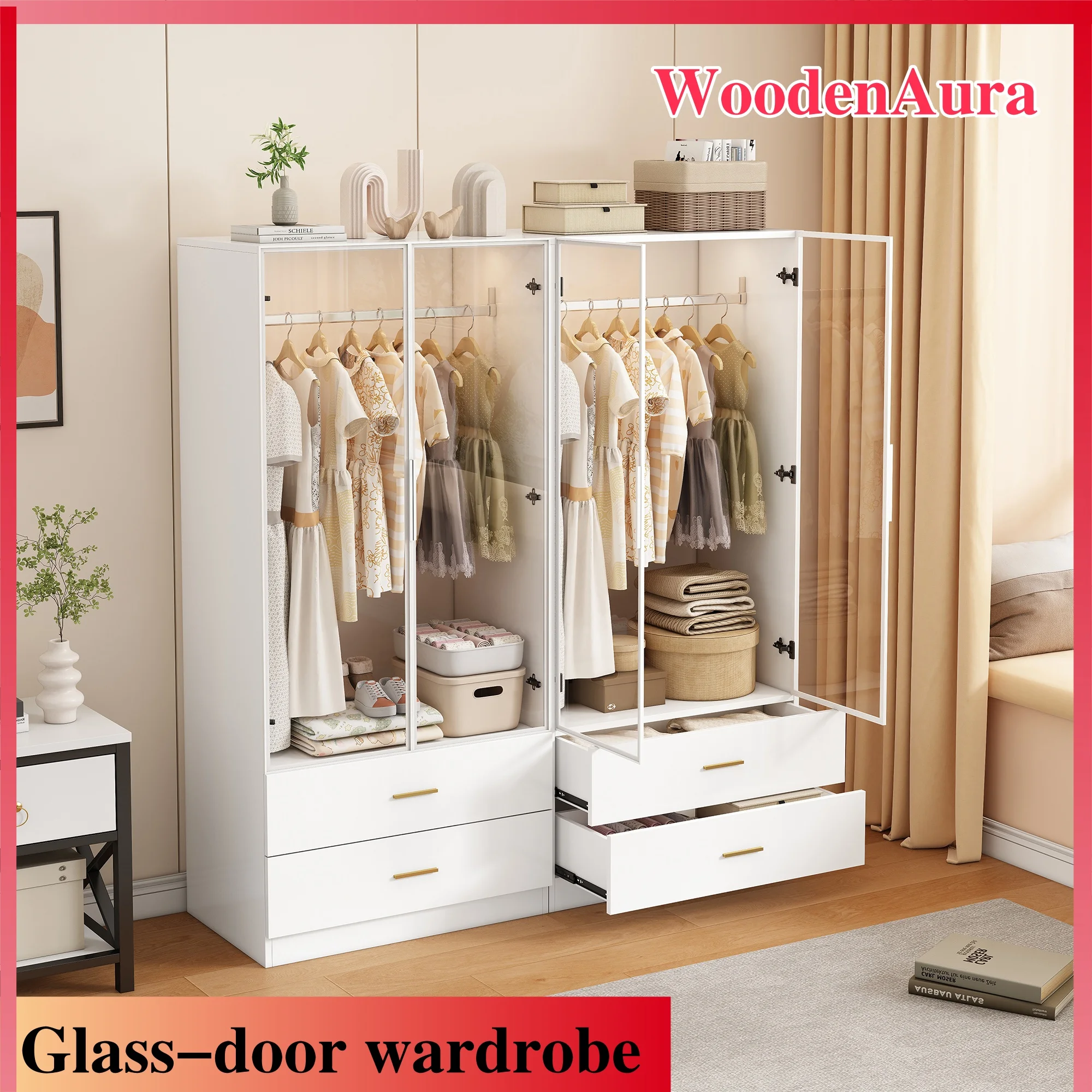 Doppeltüriger Kleiderschrank, Kleiderschrank mit Hängestange, beweglicher Kleiderschrank, weißer Schlafzimmerschrank, Schlafzimmerschrank