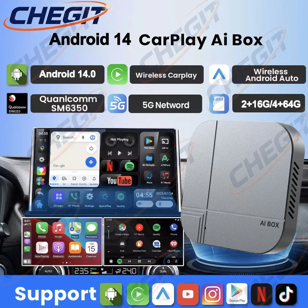 4IN1 Android 14 CarPlay Box 4 + 64G 2 + 16G Drahtlose Carplay Android Auto Adapter Smart TV BOX Für Netflix YouTube Auto Zubehör Image
