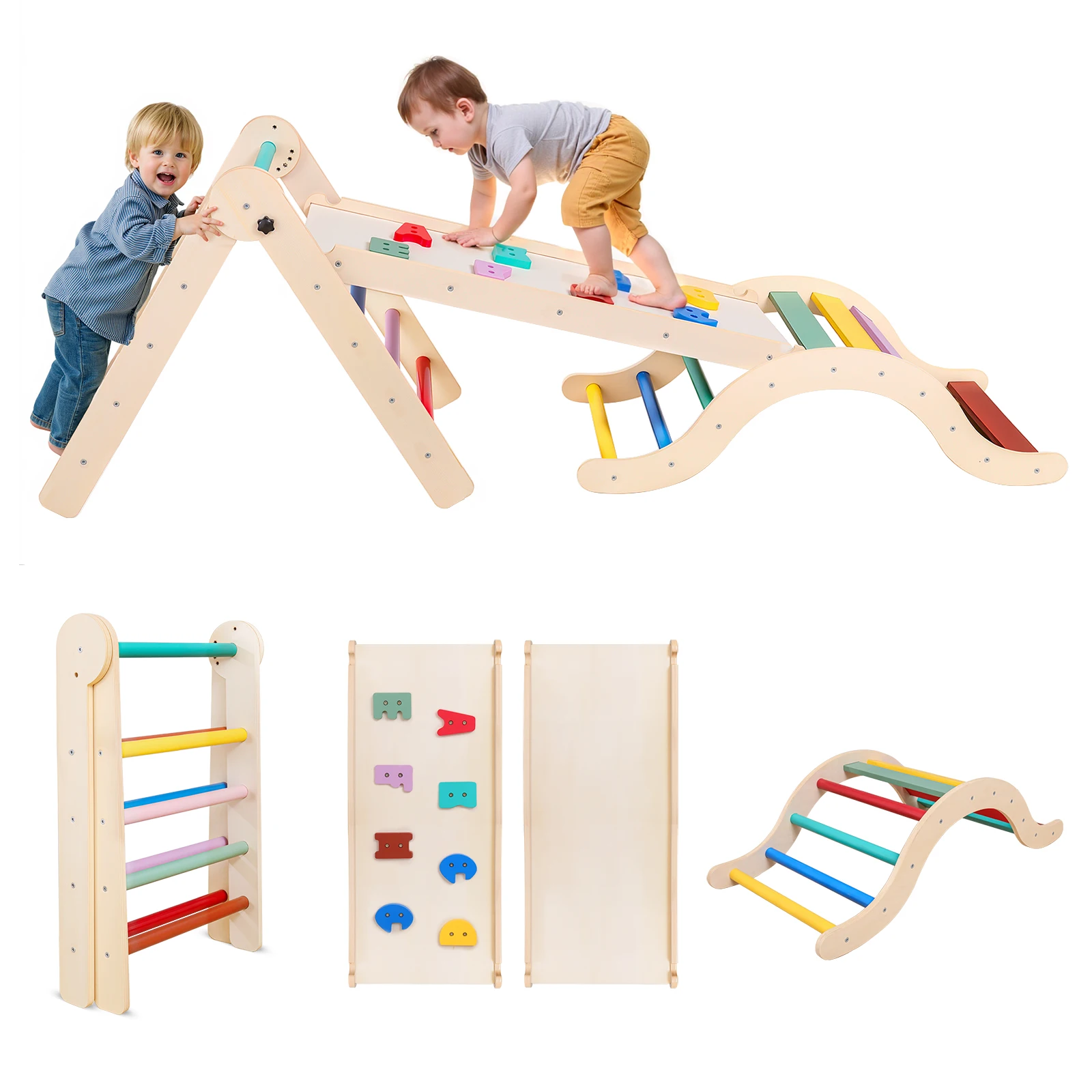 Klettergerüst für Kleinkinder, 7-in-1 Holz-Dreieck-Set, Faltbares Baby-Klettergerüst mit Bogen, Rampe, Leiter für 1-3 Jährige, für Innenräume Image