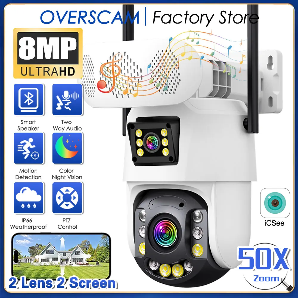 4K Dual Lens Wifi PTZ IP-Überwachungskamera 50X Zoom Outdoor Human Detection ICSEE CCTV-Überwachungskamera mit Bluetooth-Lautsprecher