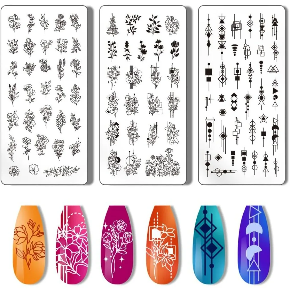 3er-Set Nagelstempelplatten: Pflanzen-Nagelstempel, Blumen-Nagelkunst-Schablonen, Druckschablonen, Nagelschablonen aus Edelstahl mit Bildmotiven Image