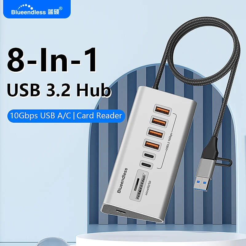 Blueendless Aluminium USB3.2 Gen2 10 Gbit/s HUB mit TF/SD-Kartenleser USB-C/USB A Hub 5-in-1 8 in 1 für PC Computer Laptop MacBook Image
